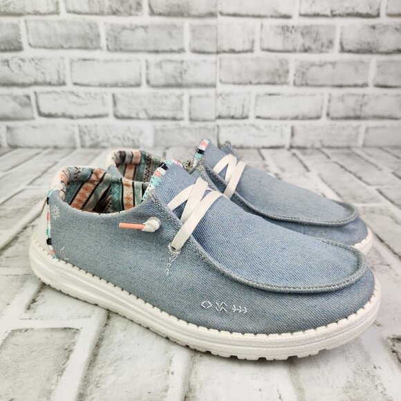 Hey Dude Shoes - Hey Dude Wendy Boho Women's Size 8 Blue Denim Slip On Comfort Casual Flat Shoes